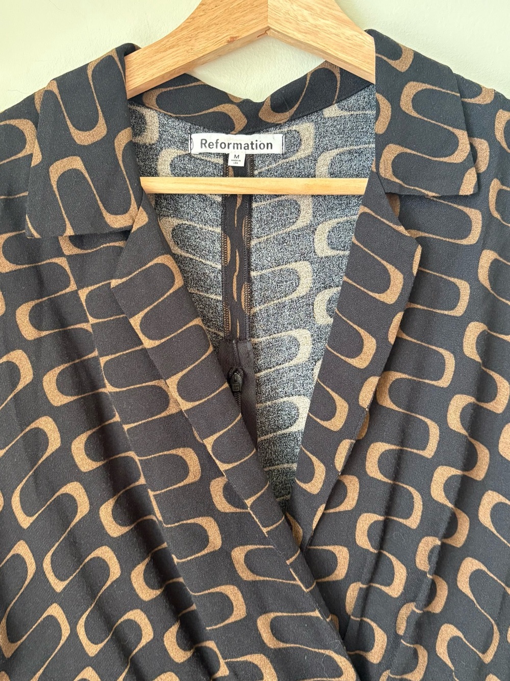 Reformation Black Midi Wrap Dress with Brown Wave Print - Picture 5 of 5